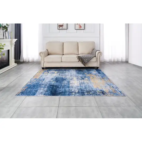 Blue and Gold Abstract Printed Washable Non Skid Area Rug Photo 7