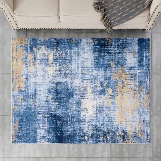 Blue and Gold Abstract Printed Washable Non Skid Area Rug Photo 4