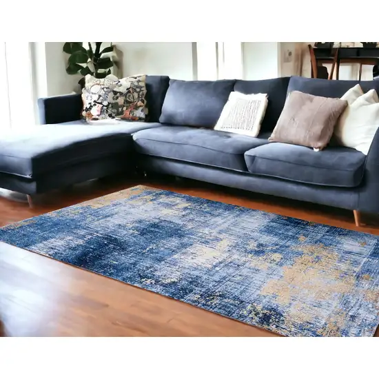 Blue and Gold Abstract Printed Washable Non Skid Area Rug Photo 1