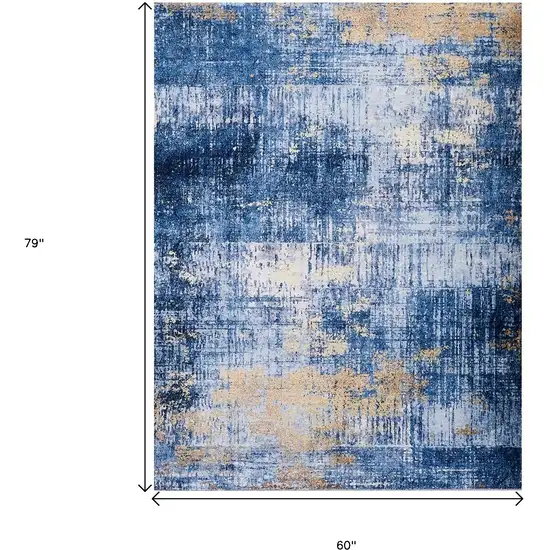 Blue and Gold Abstract Shag Printed Washable Non Skid Area Rug Photo 3