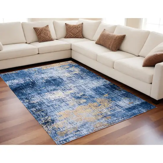 Blue and Gold Abstract Shag Printed Washable Non Skid Area Rug Photo 1