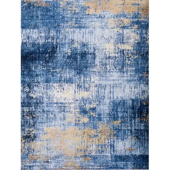 Blue and Gold Abstract Shag Printed Washable Non Skid Area Rug Photo 1