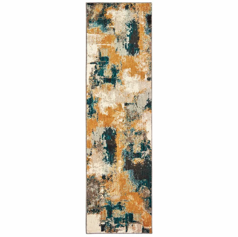 Blue and Gold Abstract Strokes Runner Rug Photo 1