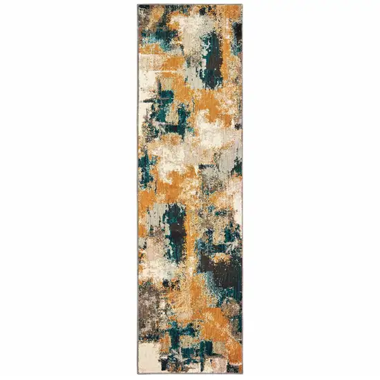 Blue and Gold Abstract Strokes Runner Rug Photo 1