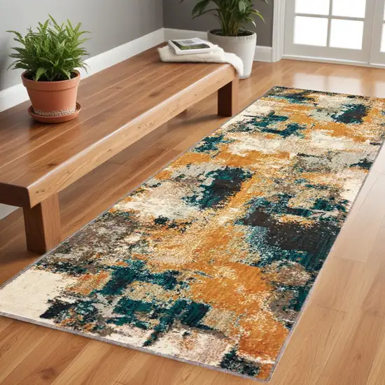 2' X 8' Blue And Gold Abstract Strokes Runner Rug Photo 1