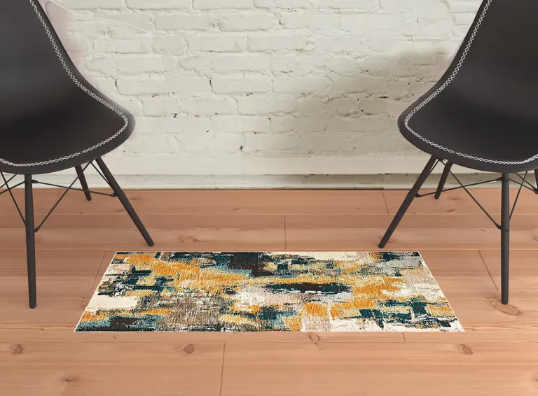 Blue and Gold Abstract Strokes Scatter Rug Photo 3