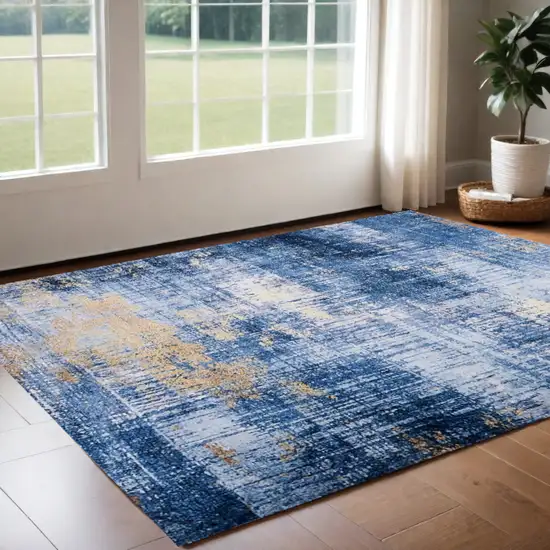 Blue and Gold Abstract Washable Non Skid Area Rug Photo 1