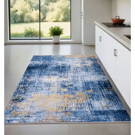 Blue and Gold Abstract Washable Non Skid Area Rug Photo 2