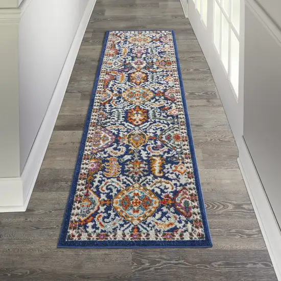 8' Blue And Ivory Oriental Runner Rug Photo 8