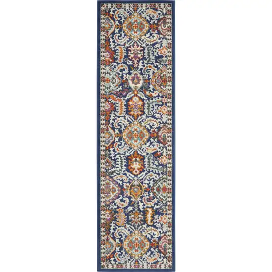 8' Blue And Ivory Power Loom Runner Rug Photo 7