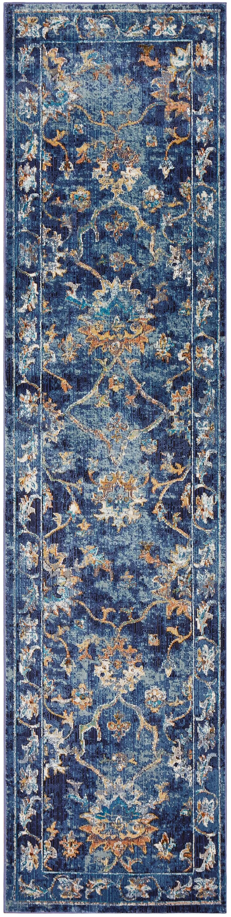 Blue and Gold Jacobean Runner Rug Photo 5