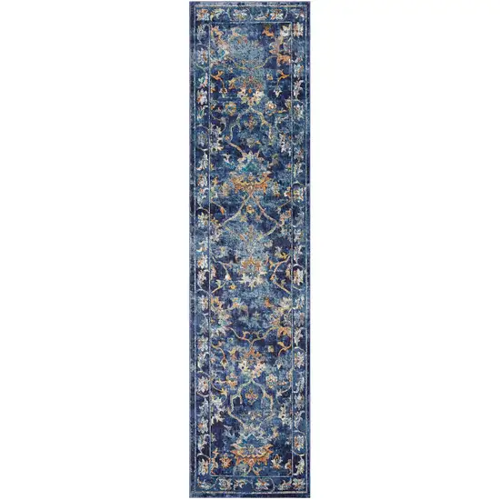 Blue and Gold Jacobean Runner Rug Photo 5