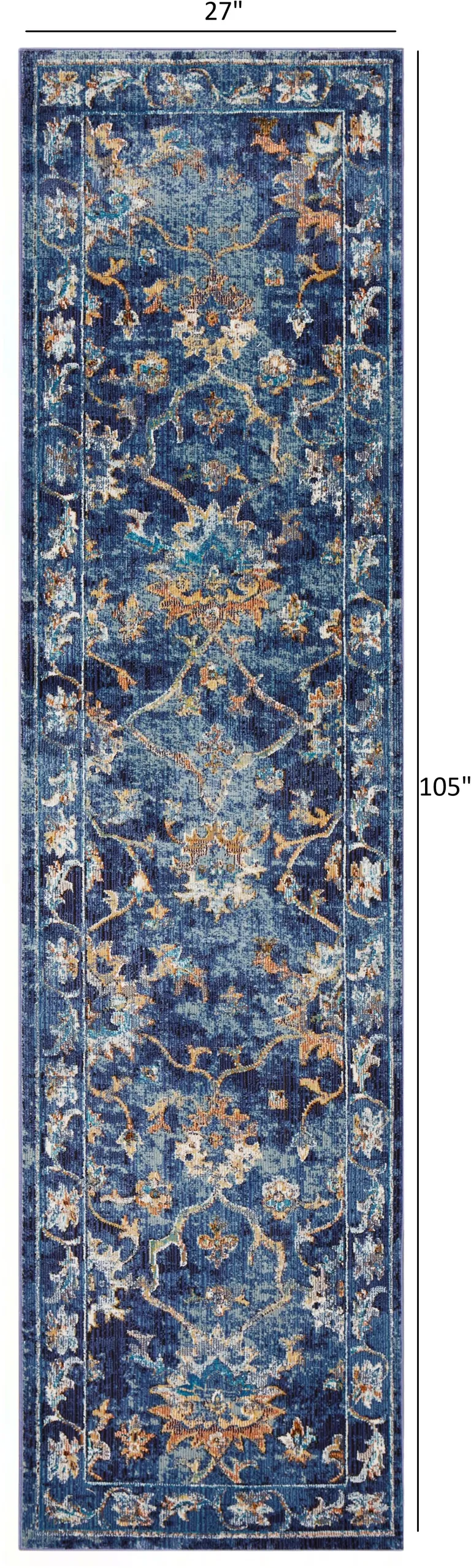 Blue and Gold Jacobean Runner Rug Photo 4