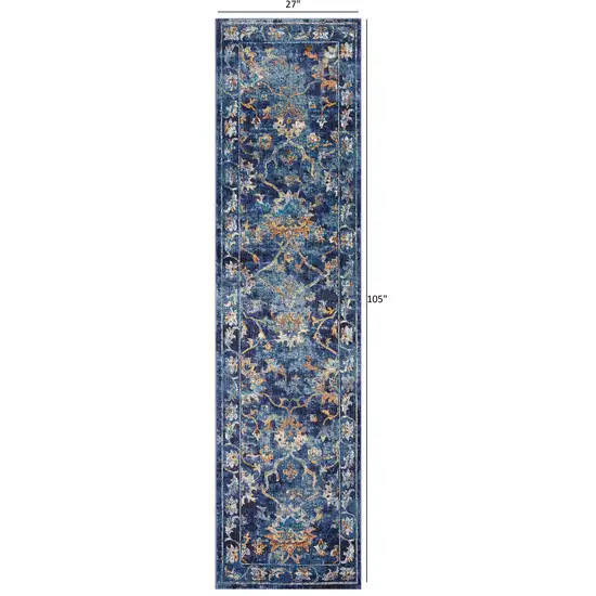 Blue and Gold Jacobean Runner Rug Photo 4