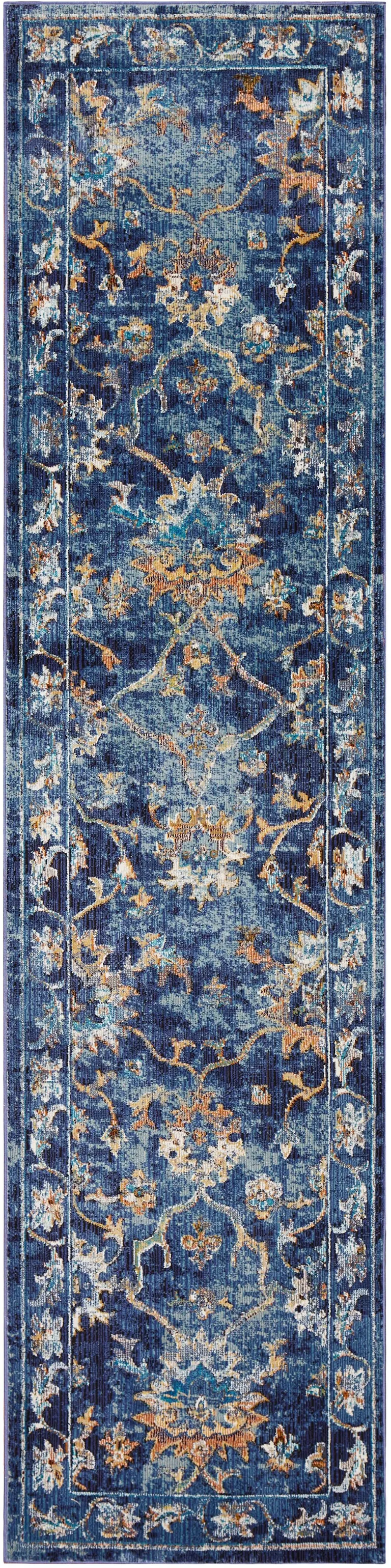 Blue and Gold Jacobean Runner Rug Photo 1