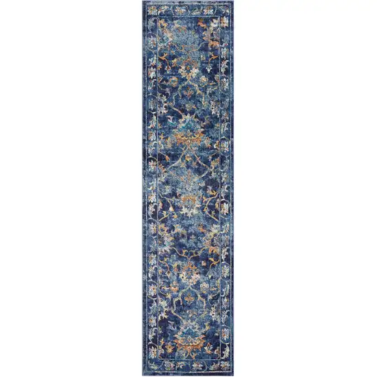 Blue and Gold Jacobean Runner Rug Photo 1