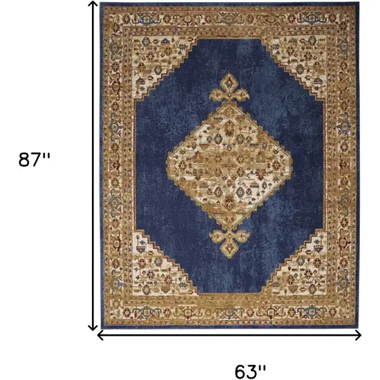 Blue and Gold Medallion Power Loom Distressed Area Rug Photo 3