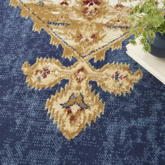 Blue and Gold Medallion Power Loom Distressed Area Rug Photo 7