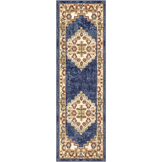 Blue and Gold Medallion Power Loom Distressed Runner Rug Photo 2