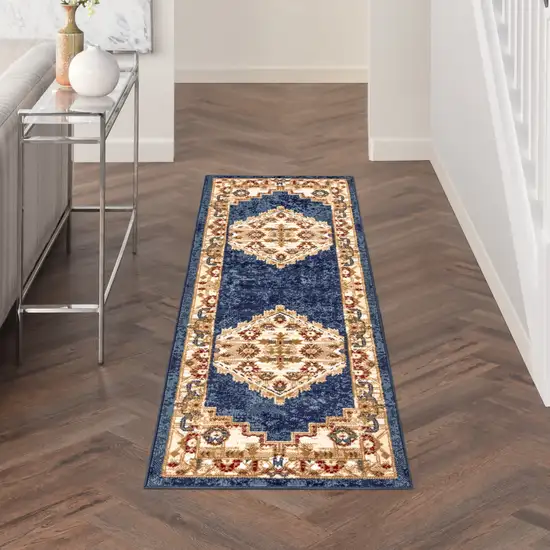 Blue and Gold Medallion Power Loom Distressed Runner Rug Photo 8