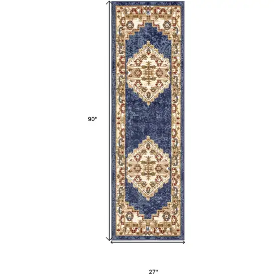 Blue and Gold Medallion Power Loom Distressed Runner Rug Photo 3