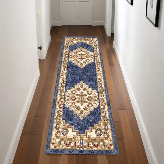 Blue and Gold Medallion Power Loom Distressed Runner Rug Photo 1