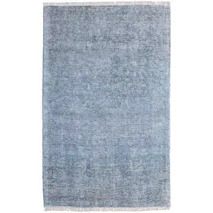 Photo of Blue and Gray Abstract Hand Woven Distressed Area Rug With Fringe