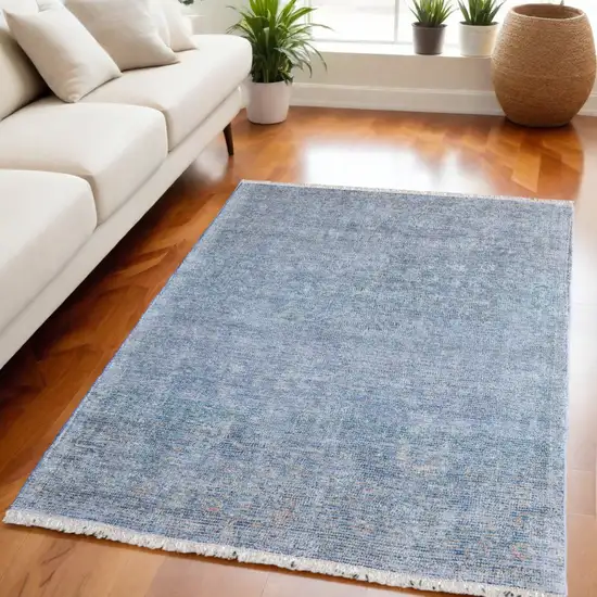 Blue and Gray Abstract Hand Woven Distressed Area Rug With Fringe Photo 1