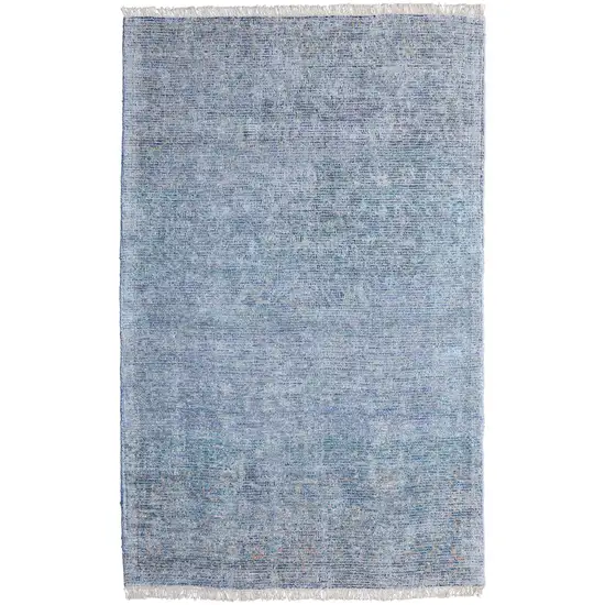 Blue and Gray Abstract Hand Woven Distressed Area Rug With Fringe Photo 4