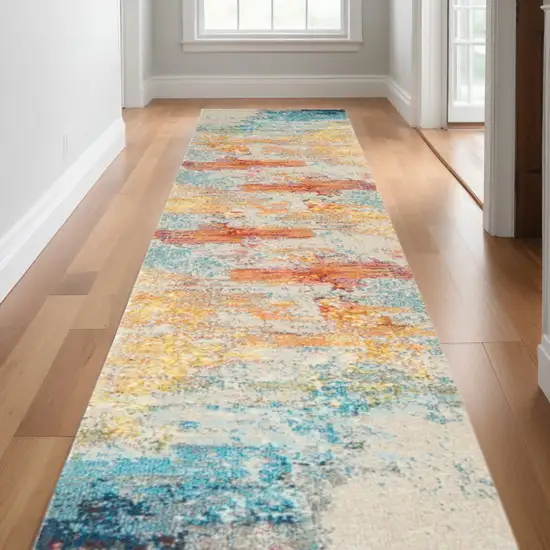 Blue and Gray Abstract Power Loom Runner Rug Photo 2