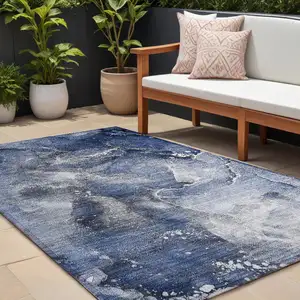 Photo of Blue and Gray Abstract Washable Non Skid Indoor Outdoor Area Rug