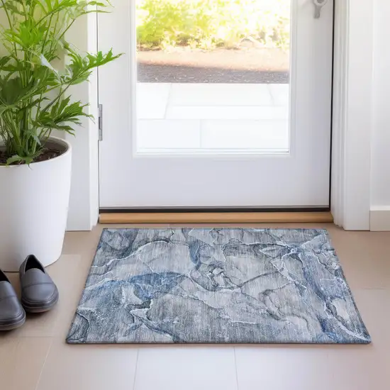 Blue and Gray Abstract Washable Non Skid Indoor Outdoor Area Rug Photo 9