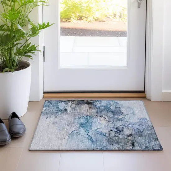 Blue and Gray Abstract Washable Non Skid Indoor Outdoor Area Rug Photo 9