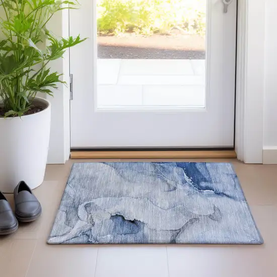 Blue Abstract Washable Indoor Outdoor Area Rug Photo 7