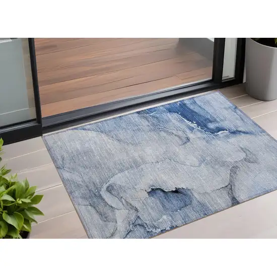 Blue Abstract Washable Indoor Outdoor Area Rug Photo 1