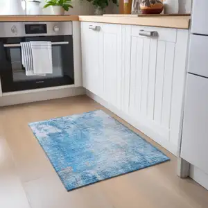 Photo of Blue and Gray Abstract Washable Non Skid Indoor Outdoor Area Rug