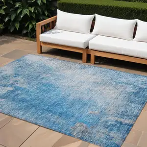 Photo of Blue and Gray Abstract Washable Non Skid Indoor Outdoor Area Rug