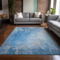 Photo of Blue and Gray Abstract Washable Non Skid Indoor Outdoor Area Rug