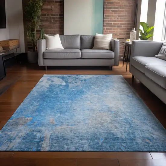 Blue and Gray Abstract Washable Non Skid Indoor Outdoor Area Rug Photo 9