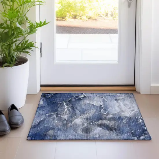 Blue and Gray Abstract Washable Non Skid Indoor Outdoor Area Rug Photo 9