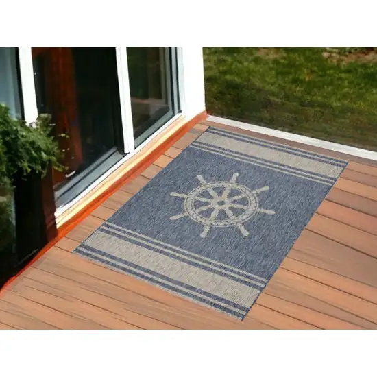 Blue and Gray Captain's Wheel Stain Resistant Indoor Outdoor Area Rug Photo 1