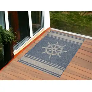 Photo of Blue and Gray Captain's Wheel Stain Resistant Indoor Outdoor Area Rug