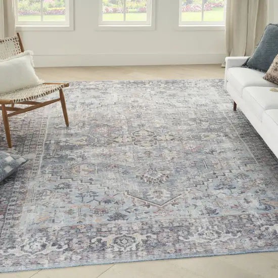 Blue and Gray Floral Medallion Power Loom Distressed Washable Area Rug Photo 8