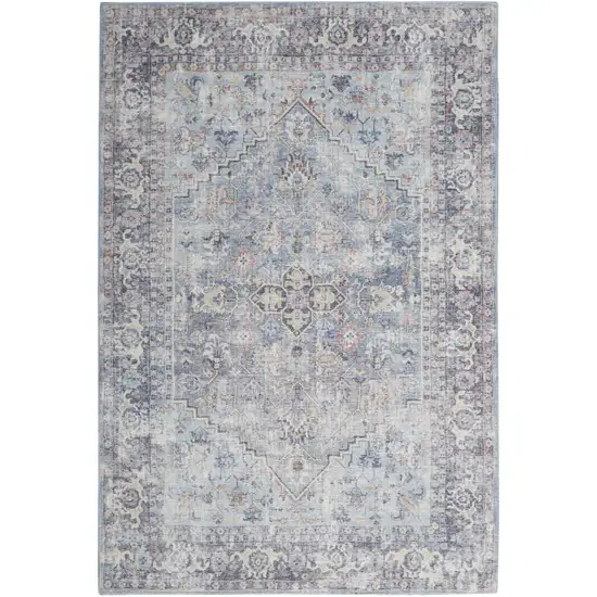 Blue and Gray Floral Medallion Power Loom Distressed Washable Area Rug Photo 2