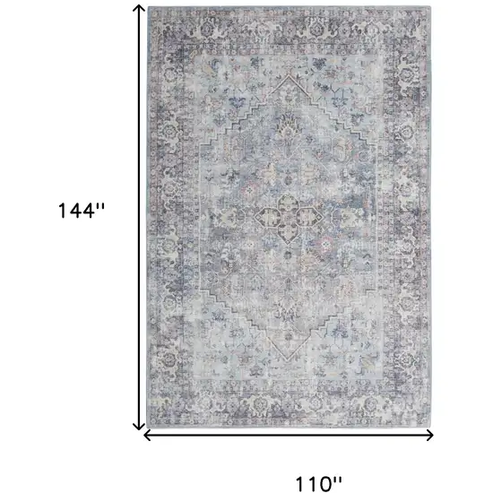 Blue and Gray Floral Medallion Power Loom Distressed Washable Area Rug Photo 3