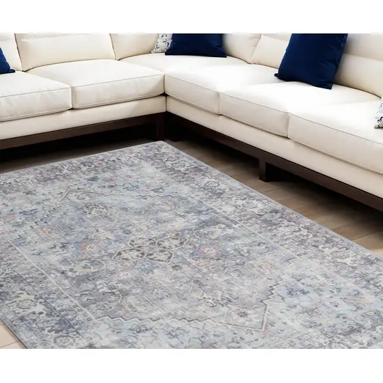 Blue and Gray Floral Medallion Power Loom Distressed Washable Area Rug Photo 1