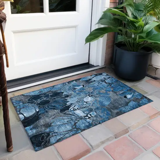 Blue and Gray Abstract Washable Indoor Outdoor Area Rug Photo 9