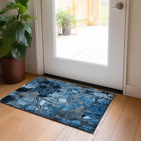 Blue and Gray Abstract Washable Indoor Outdoor Area Rug Photo 8