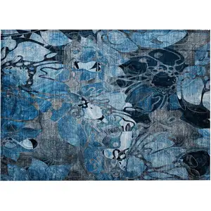 Photo of Blue and Gray Floral Washable Non Skid Indoor Outdoor Area Rug