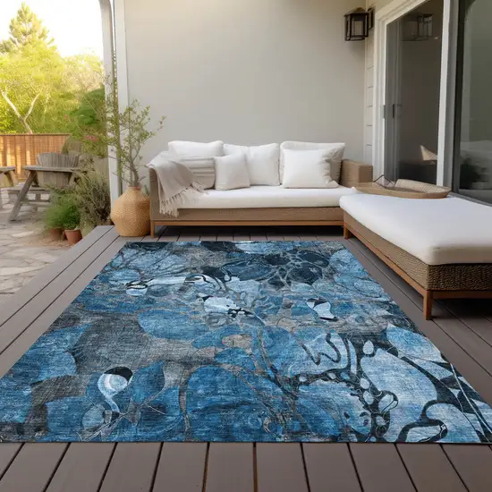 Blue and Gray Floral Washable Non Skid Indoor Outdoor Area Rug Photo 9